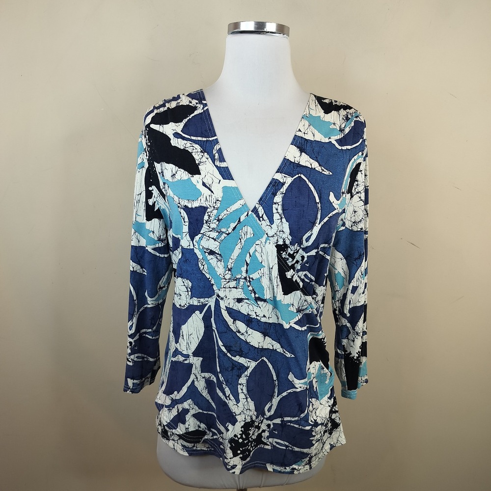 Coldwater Creek Faux Wrap Top Medium Floral Print Stretch Blue